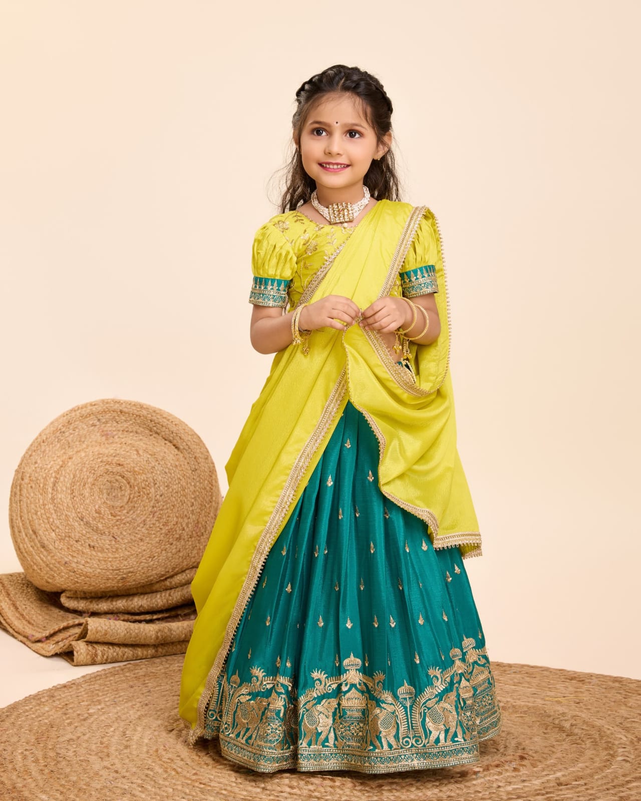 Green Pure Chinnon Silk Kids Girl's Lehenga Choli