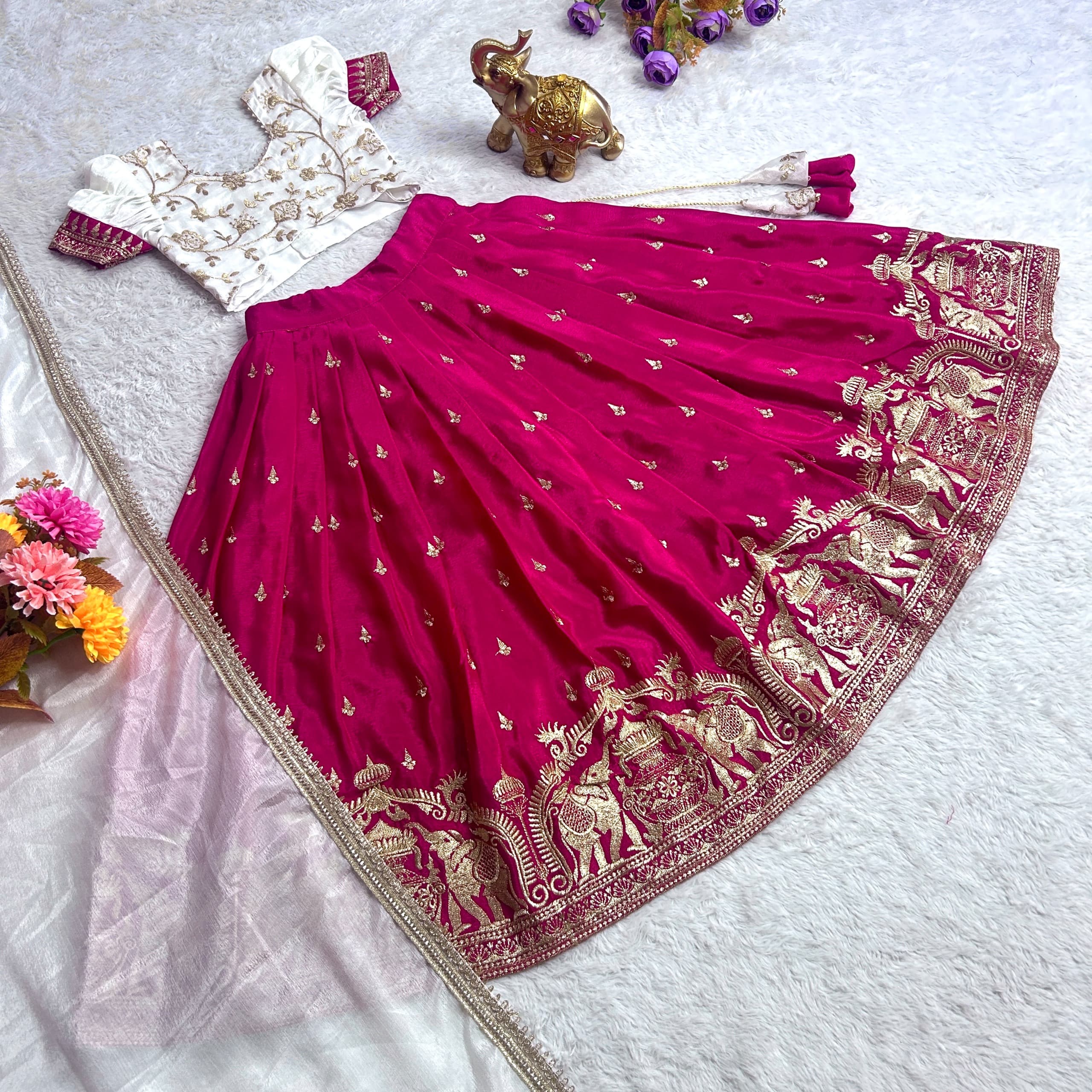 Red Pure Chinnon Silk Kids Girl's Lehenga Choli
