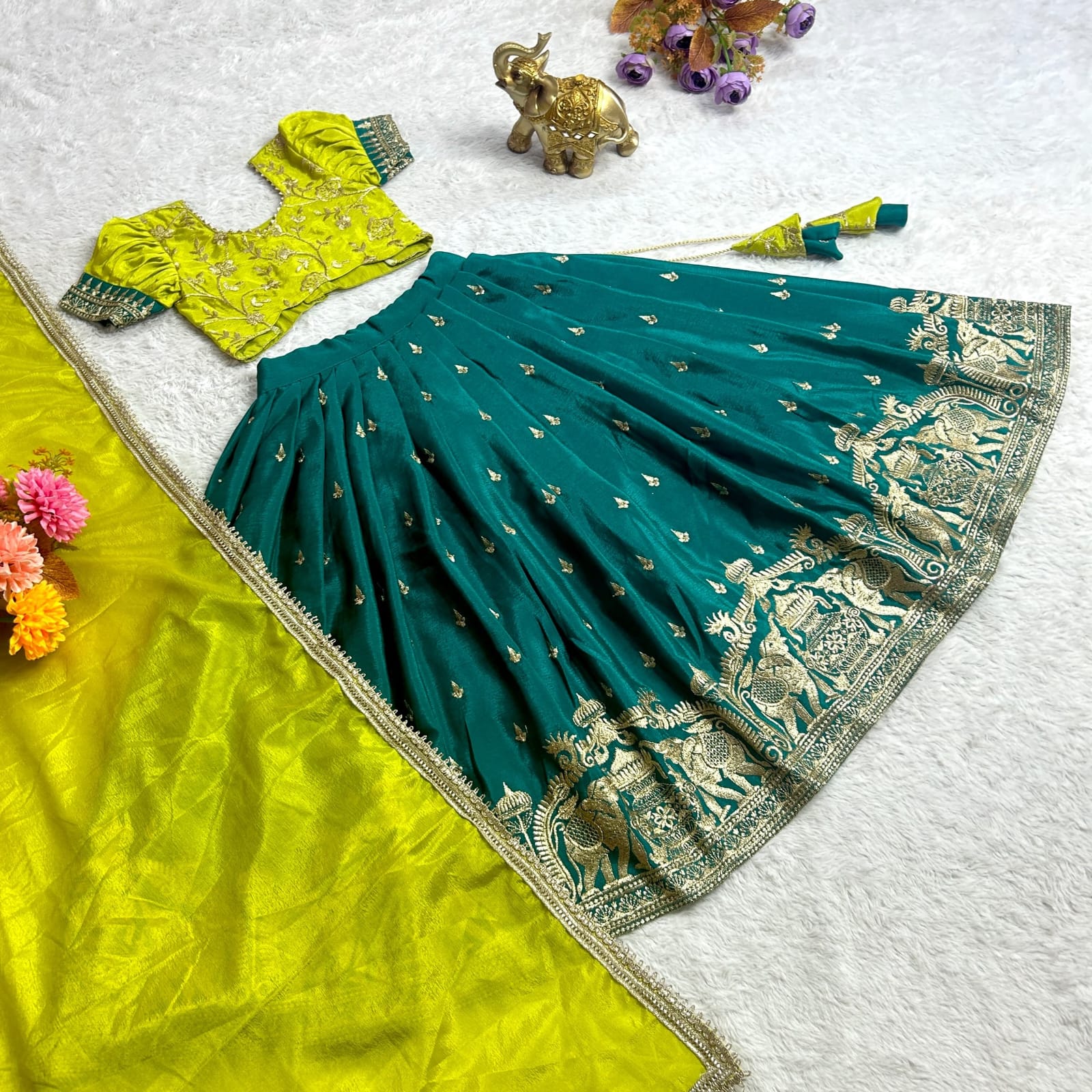 Green Pure Chinnon Silk Kids Girl's Lehenga Choli