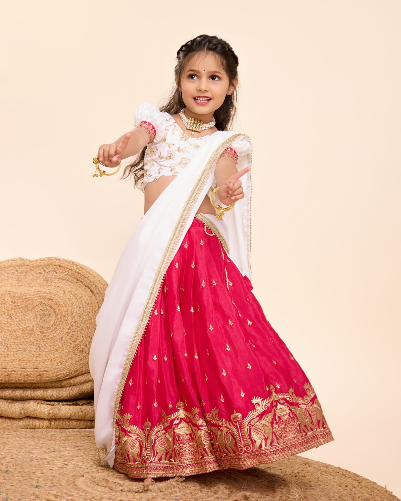 Red Pure Chinnon Silk Kids Girl's Lehenga Choli