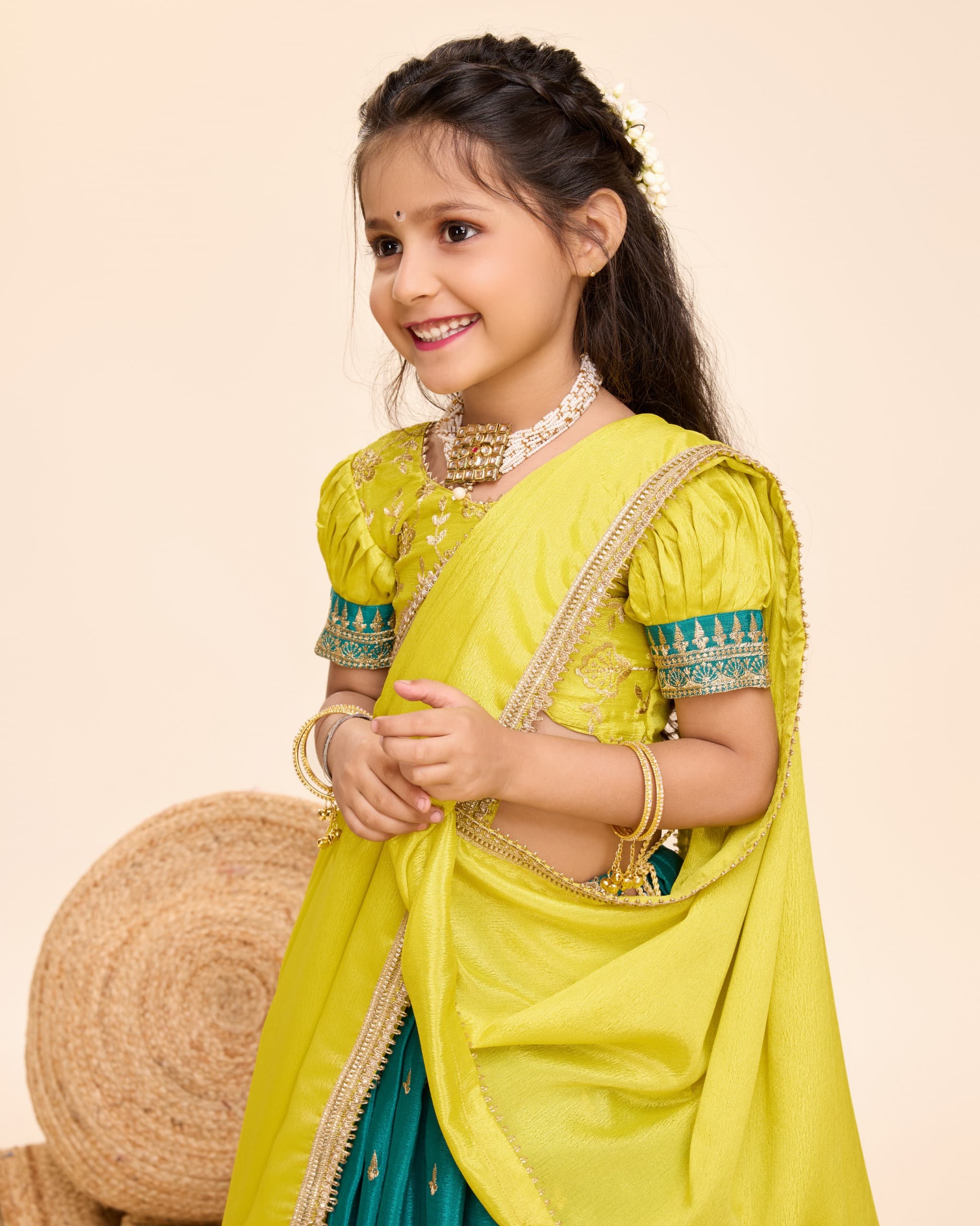 Green Pure Chinnon Silk Kids Girl's Lehenga Choli