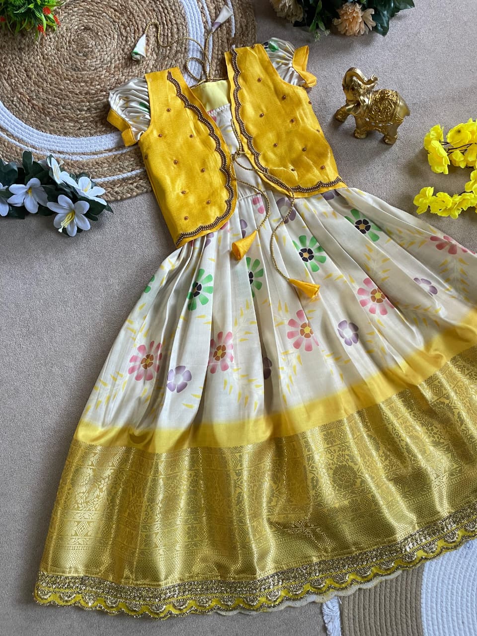 Yellow Pure Silky Sartin Silk Kids Girl's Lehenga Choli