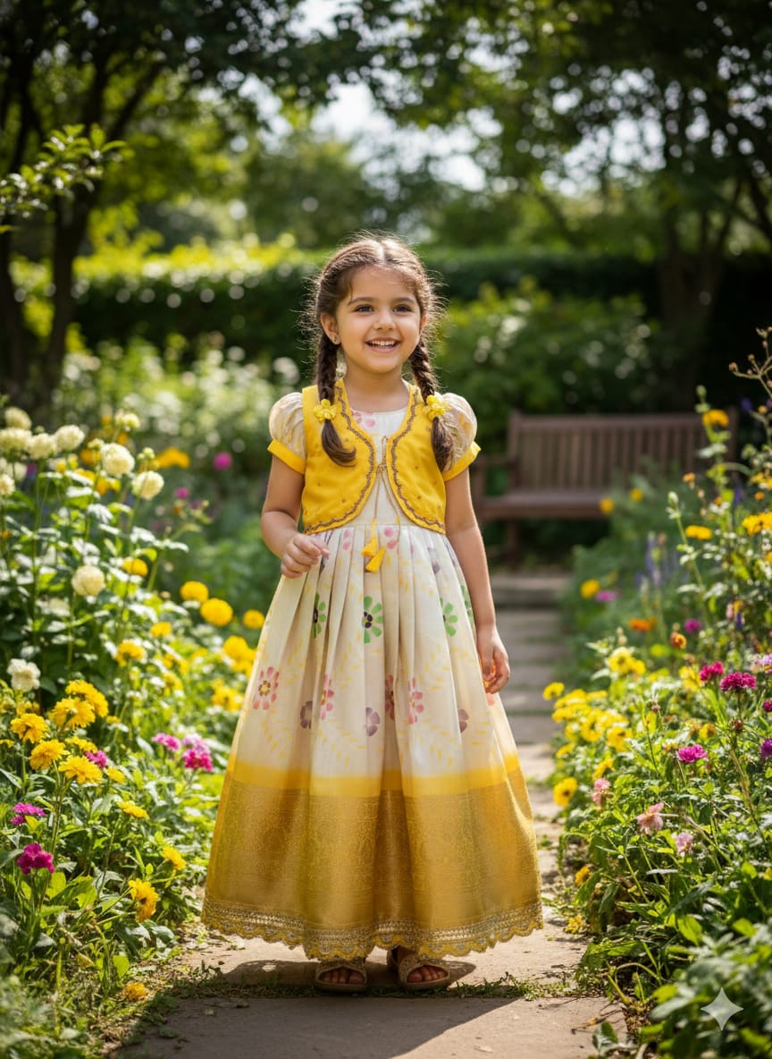 Yellow Pure Silky Sartin Silk Kids Girl's Lehenga Choli