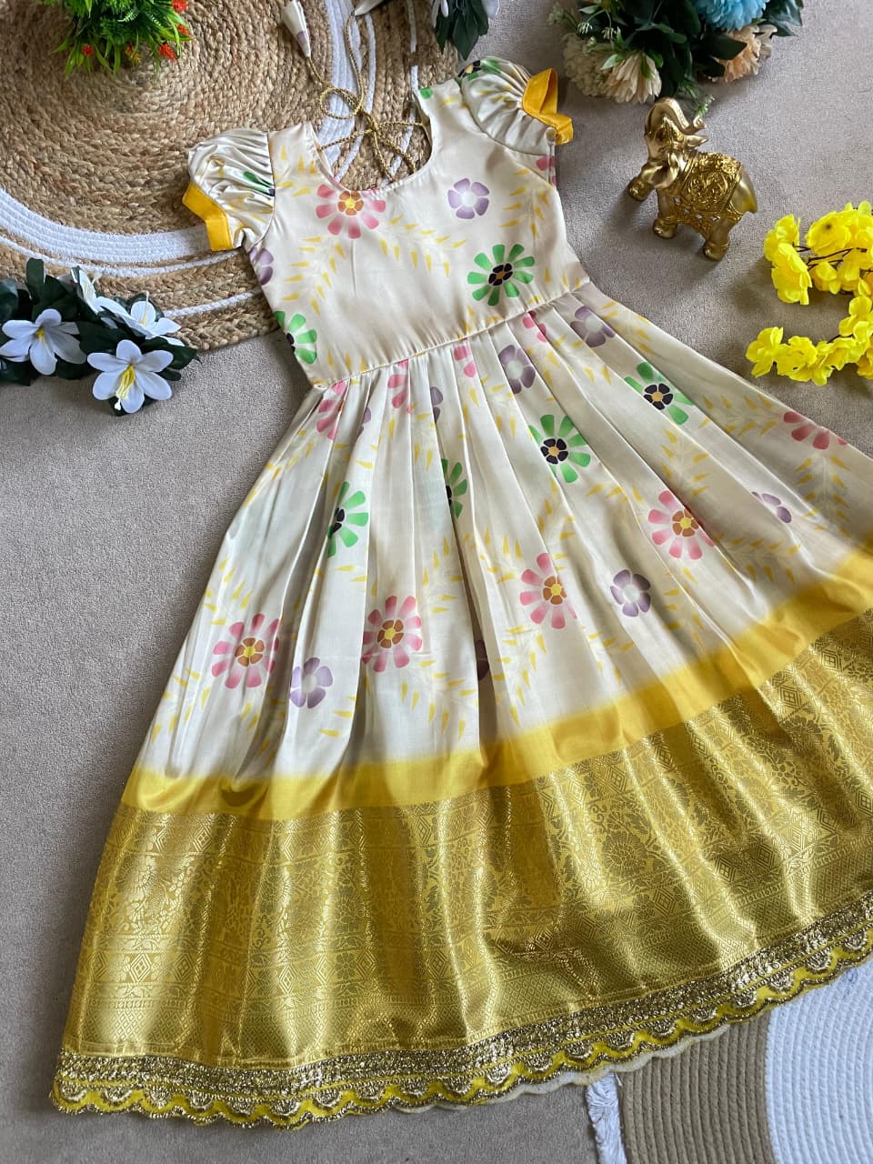 Yellow Pure Silky Sartin Silk Kids Girl's Lehenga Choli