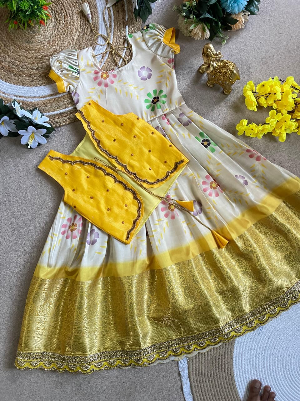 Yellow Pure Silky Sartin Silk Kids Girl's Lehenga Choli