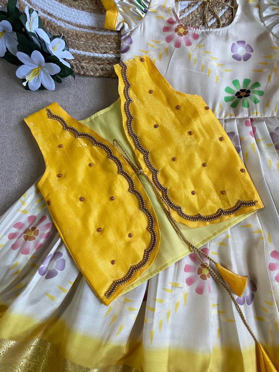 Yellow Pure Silky Sartin Silk Kids Girl's Lehenga Choli