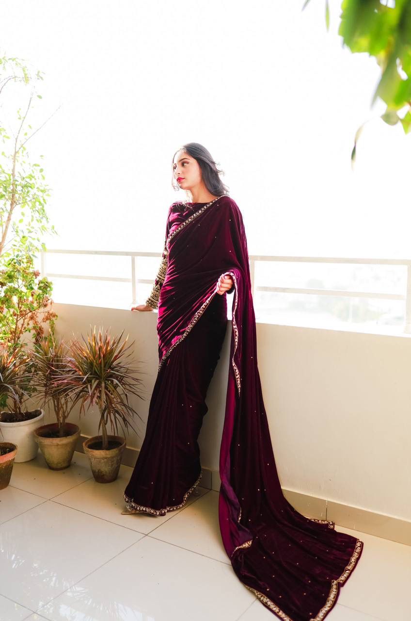 Maroon Pure 9000 Velvet With Embroidery Work Velvet Saree
