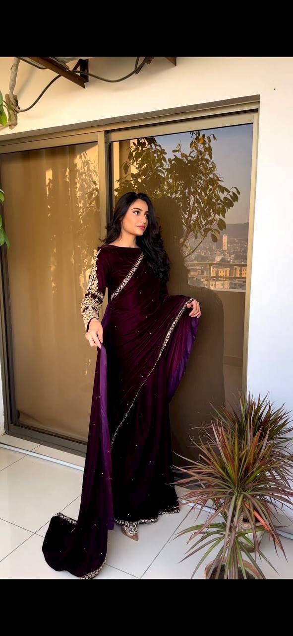 Maroon Pure 9000 Velvet With Embroidery Work Velvet Saree