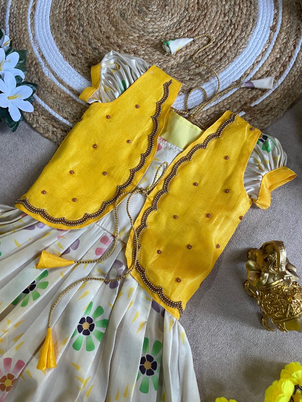 Yellow Pure Silky Sartin Silk Kids Girl's Lehenga Choli