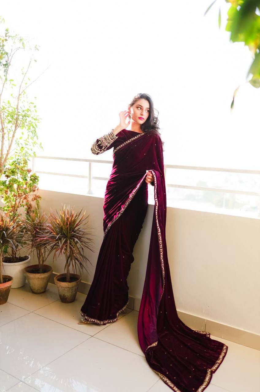 Maroon Pure 9000 Velvet With Embroidery Work Velvet Saree