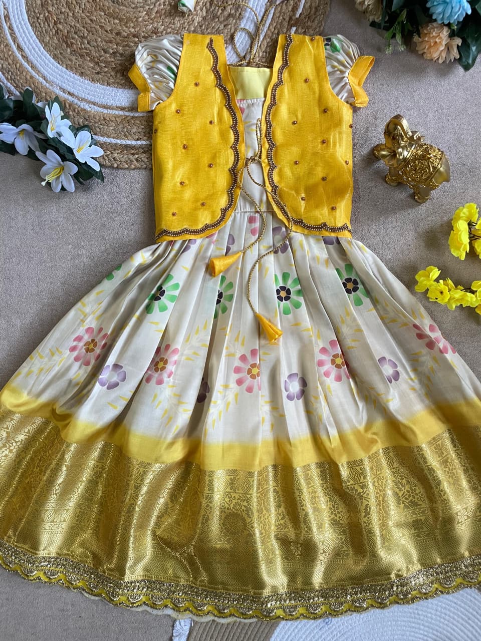 Yellow Pure Silky Sartin Silk Kids Girl's Lehenga Choli