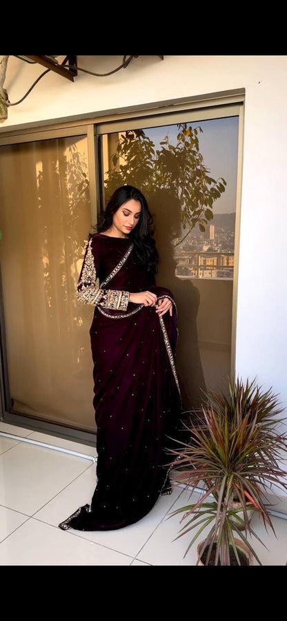 Maroon Pure 9000 Velvet With Embroidery Work Velvet Saree Velvet Saree Anant Tex Exports Pvt.Ltd..