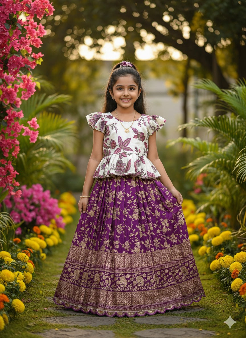 Lavender Pure Natural Crepe Silk Kids Girl's Lehenga Choli