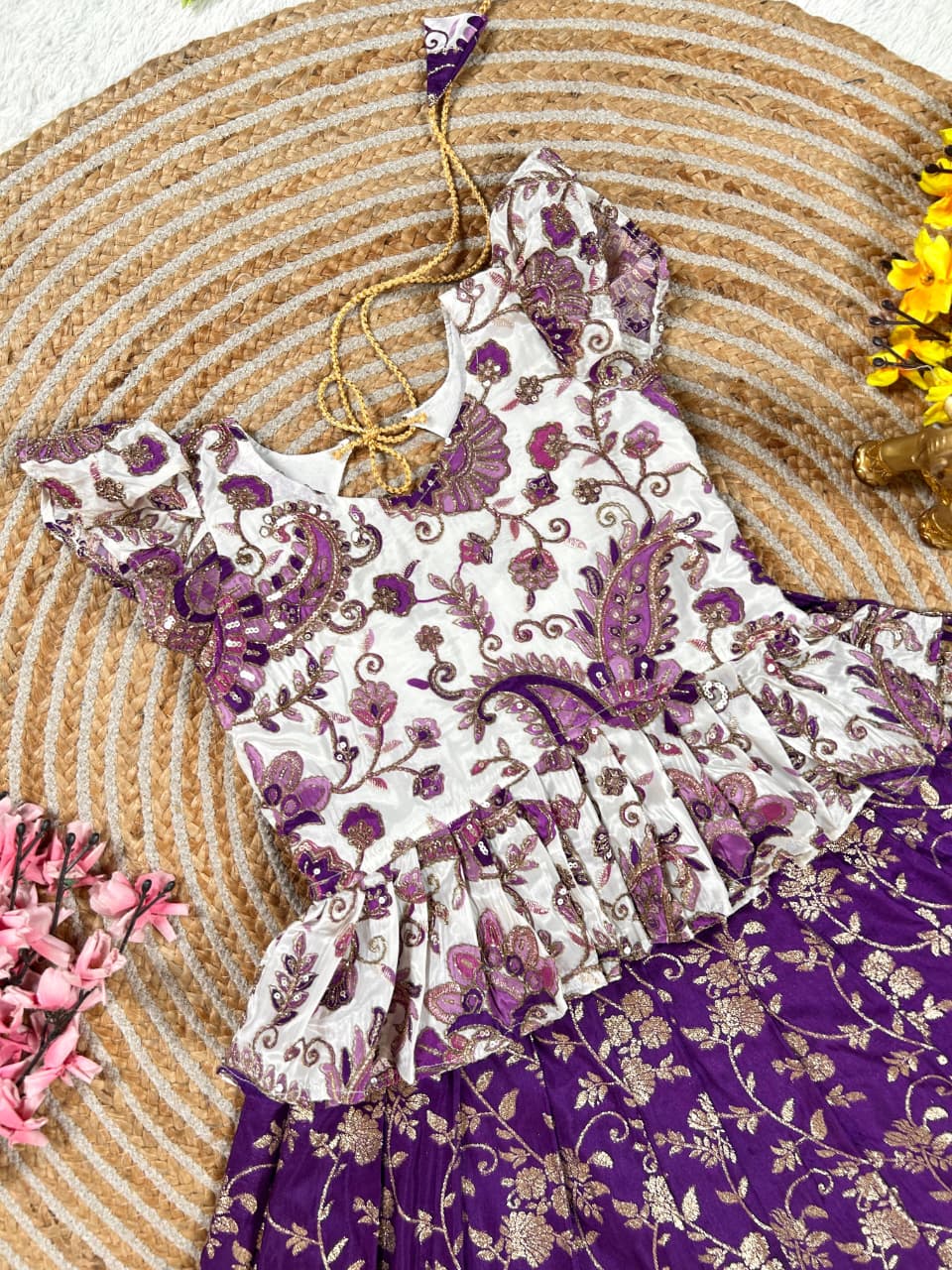 Lavender Pure Natural Crepe Silk Kids Girl's Lehenga Choli