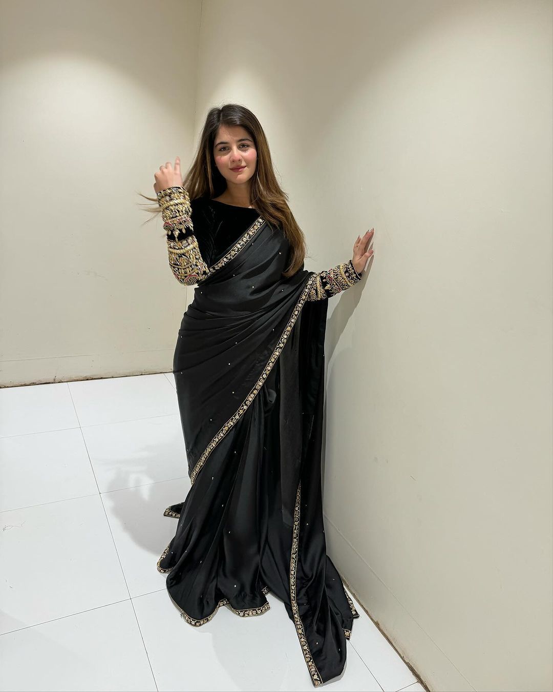 Black Pure 9000 Velvet With Embroidery Work Velvet Saree