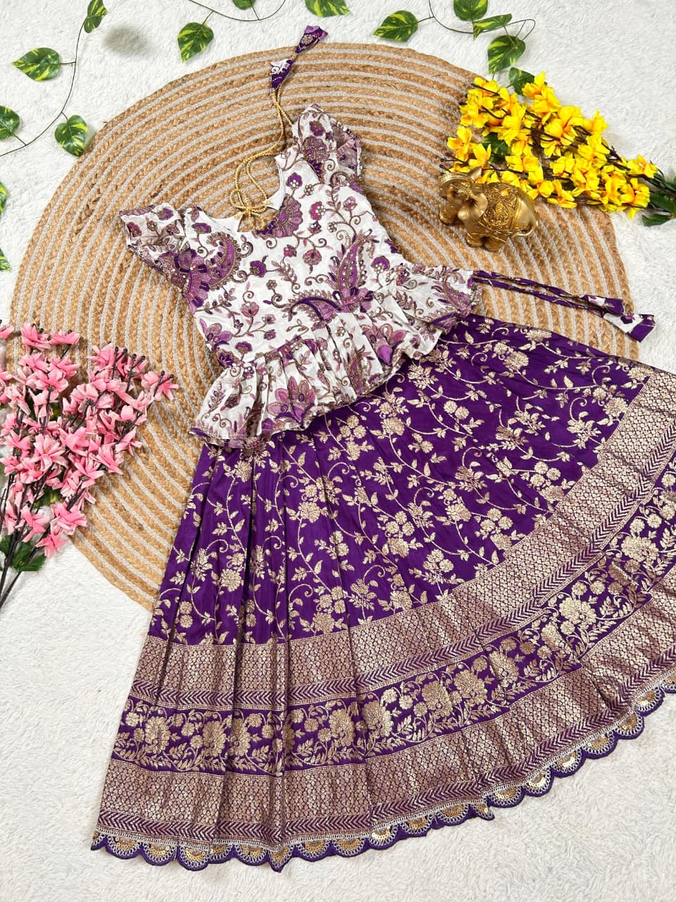 Lavender Pure Natural Crepe Silk Kids Girl's Lehenga Choli
