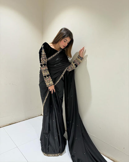 Black Pure 9000 Velvet With Embroidery Work Velvet Saree Velvet Saree Anant Tex Exports Pvt.Ltd..