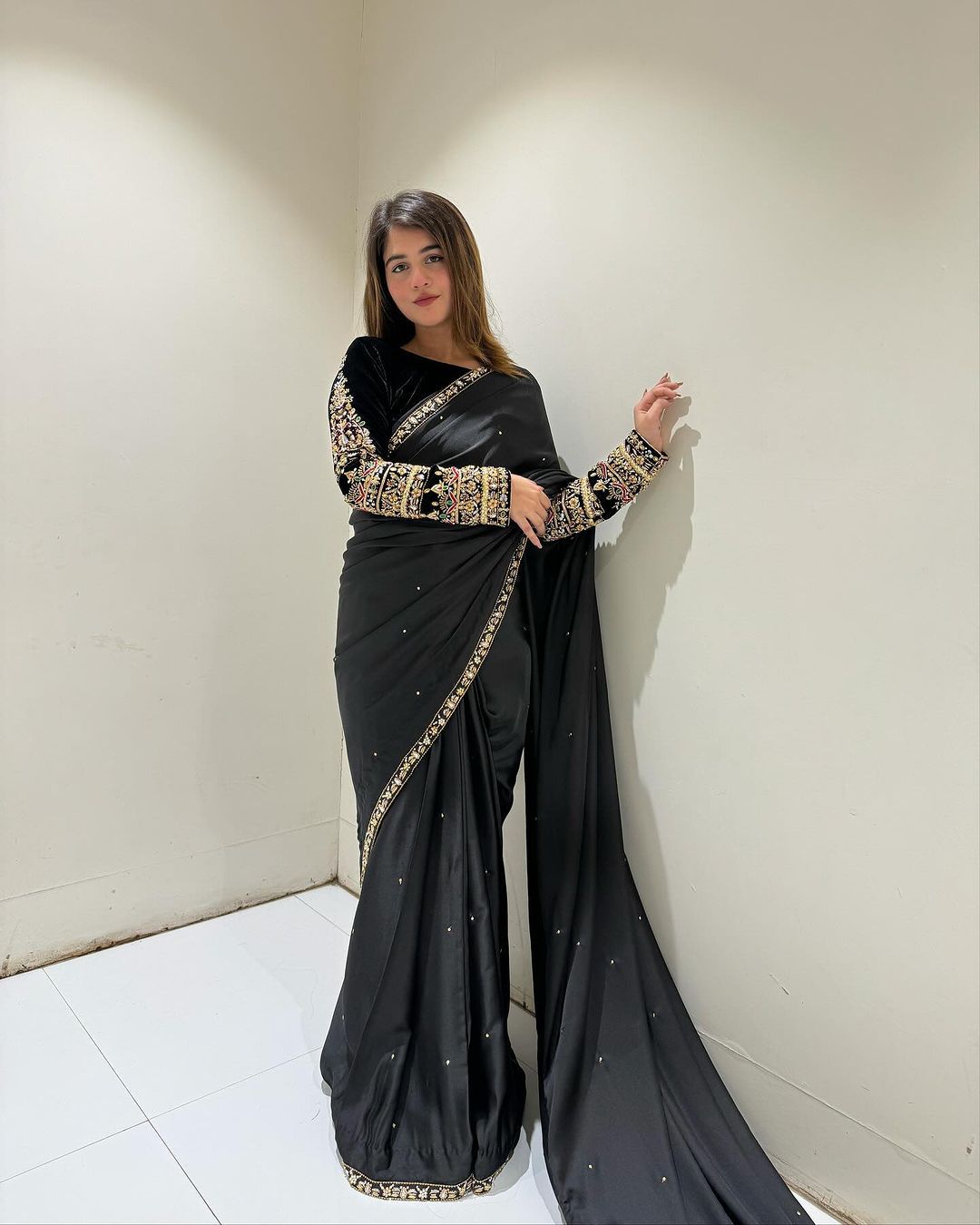 Black Pure 9000 Velvet With Embroidery Work Velvet Saree