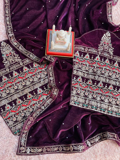 Maroon Pure 9000 Velvet With Embroidery Work Velvet Saree Velvet Saree Anant Tex Exports Pvt.Ltd..