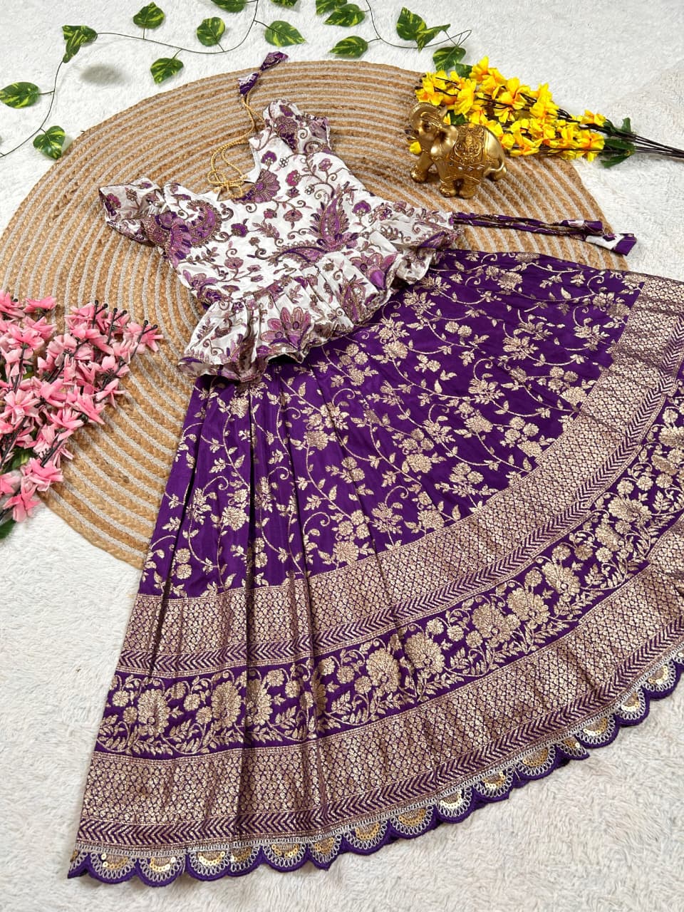 Lavender Pure Natural Crepe Silk Kids Girl's Lehenga Choli