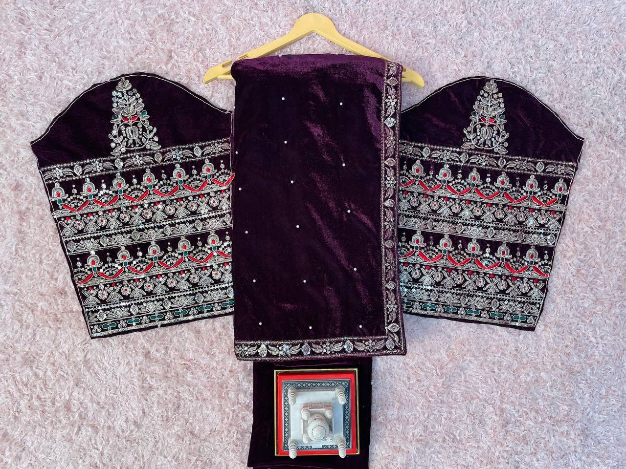 Maroon Pure 9000 Velvet With Embroidery Work Velvet Saree