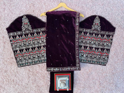 Maroon Pure 9000 Velvet With Embroidery Work Velvet Saree Velvet Saree Anant Tex Exports Pvt.Ltd..