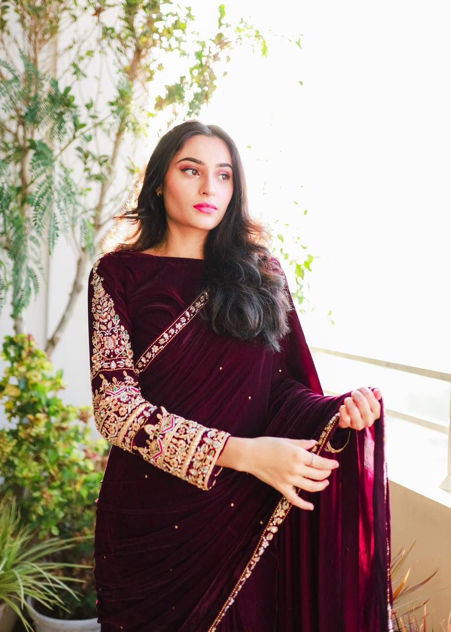 Maroon Pure 9000 Velvet With Embroidery Work Velvet Saree Velvet Saree Anant Tex Exports Pvt.Ltd..
