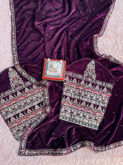 Maroon Pure 9000 Velvet With Embroidery Work Velvet Saree Velvet Saree Anant Tex Exports Pvt.Ltd..