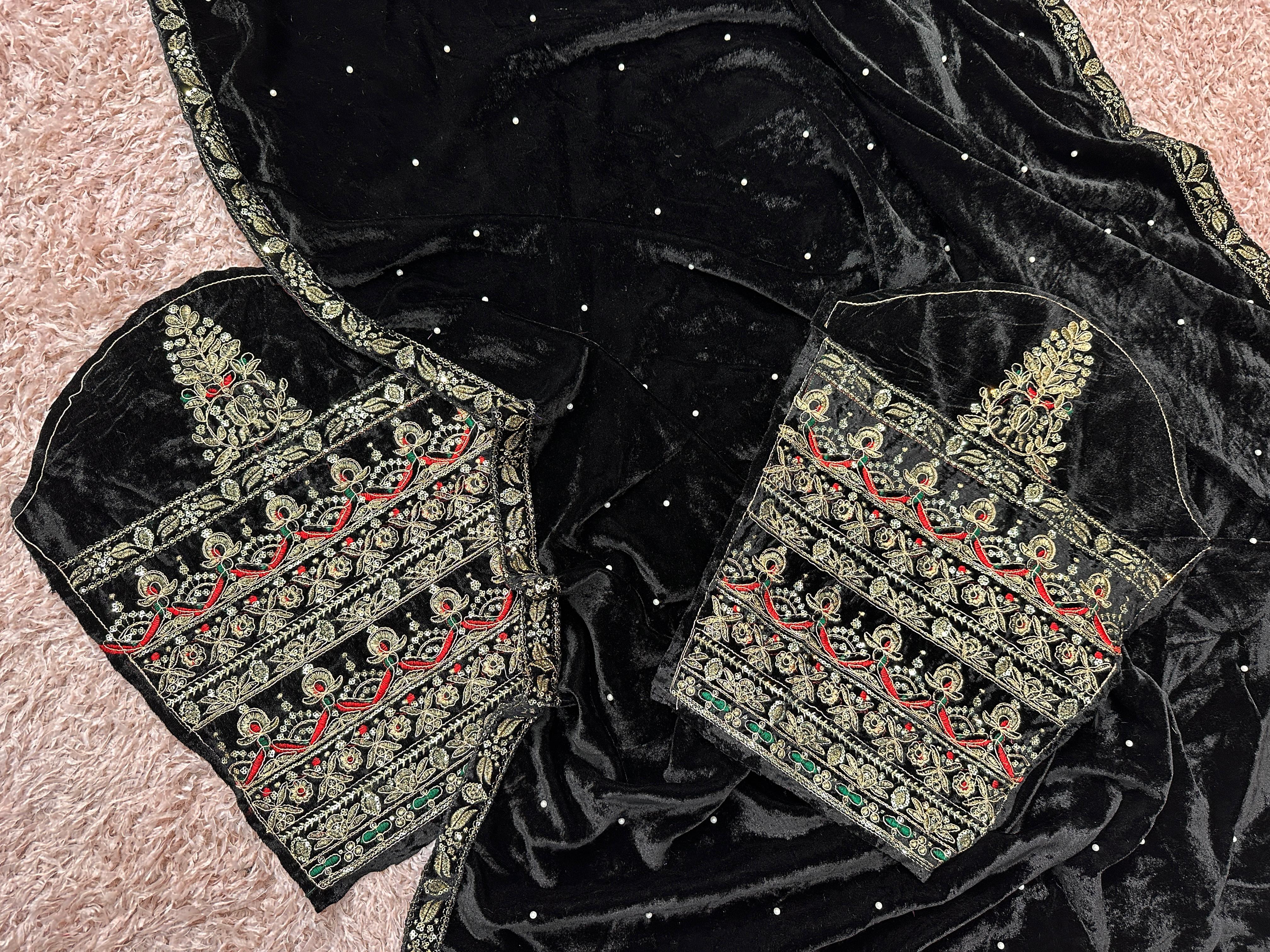 Black Pure 9000 Velvet With Embroidery Work Velvet Saree