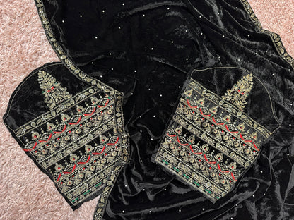 Black Pure 9000 Velvet With Embroidery Work Velvet Saree Velvet Saree Anant Tex Exports Pvt.Ltd..