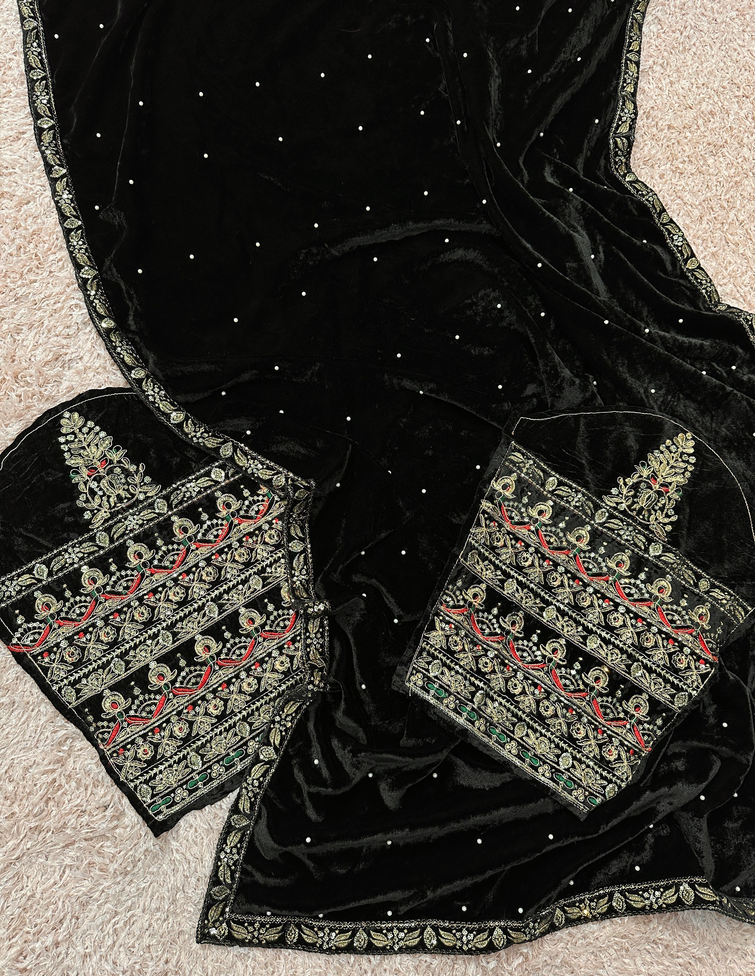 Black Pure 9000 Velvet With Embroidery Work Velvet Saree