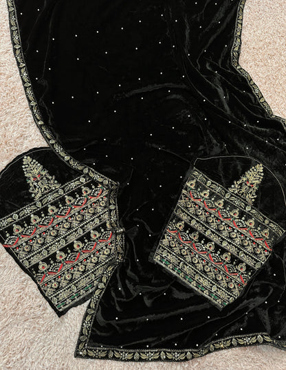 Black Pure 9000 Velvet With Embroidery Work Velvet Saree Velvet Saree Anant Tex Exports Pvt.Ltd..