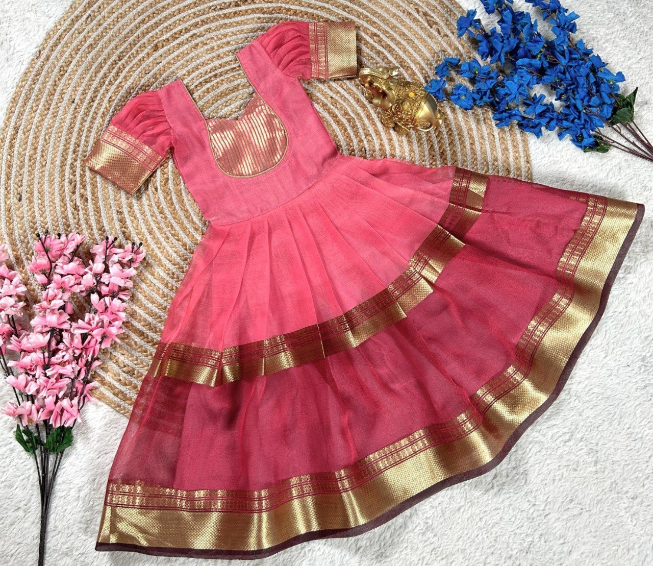 Pink Pure Mysore Tissue Silk Kids Girl's Lehenga Choli