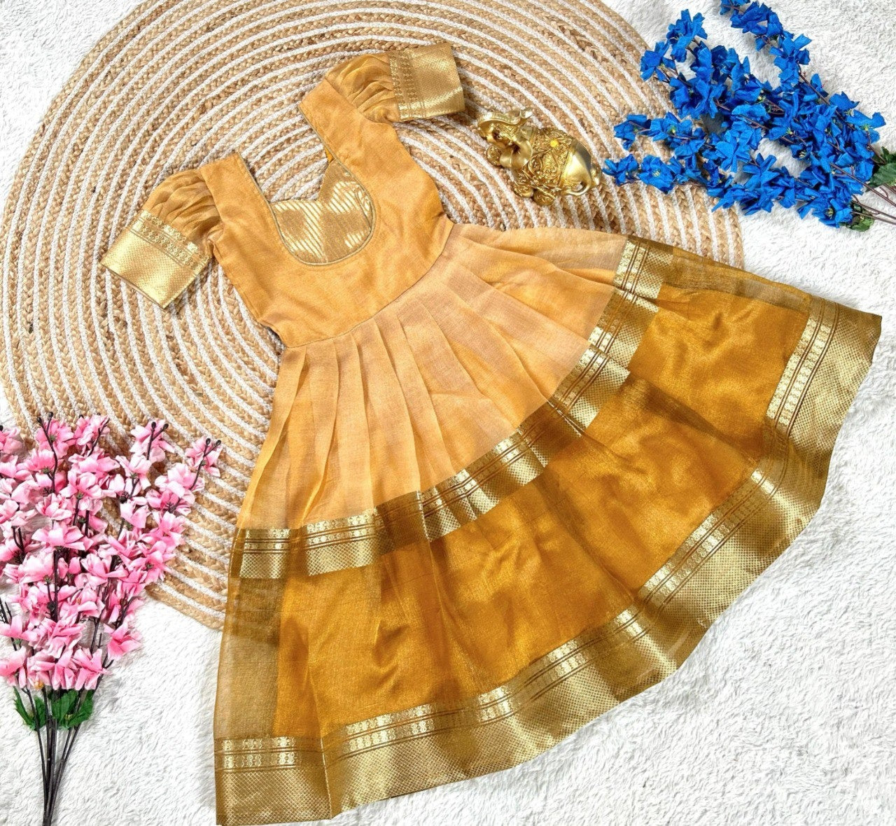 Yellow Pure Mysore Tissue Silk Kids Girl's Lehenga Choli