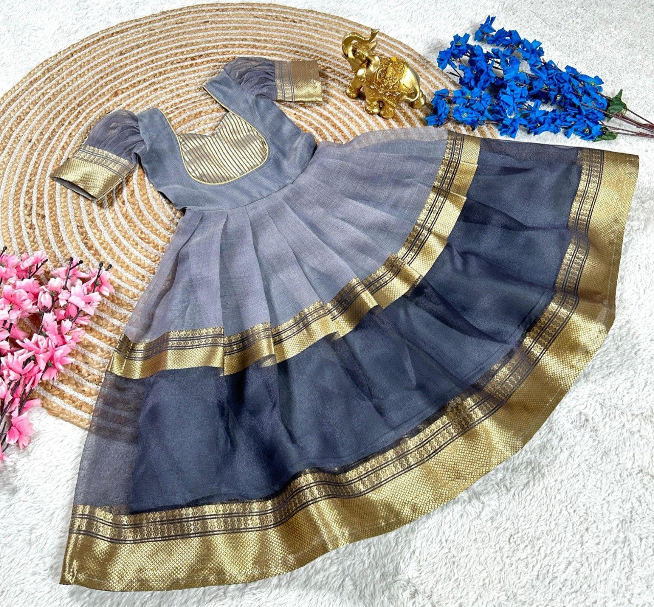 Grey Pure Mysore Tissue Silk Kids Girl's Lehenga Choli
