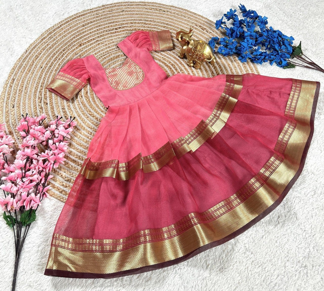 Pink Pure Mysore Tissue Silk Kids Girl's Lehenga Choli