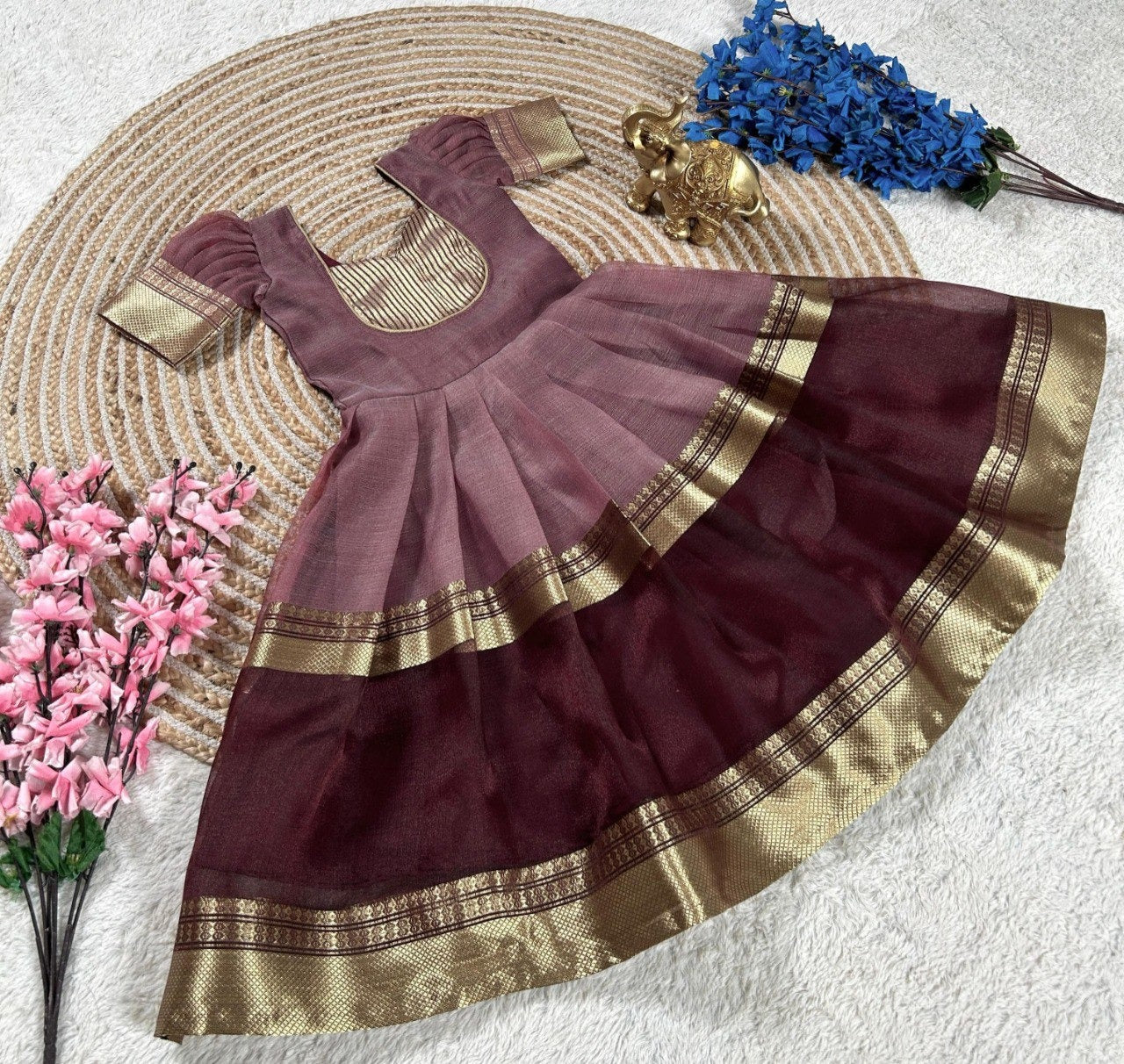 Brown Pure Mysore Tissue Silk Kids Girl's Lehenga Choli