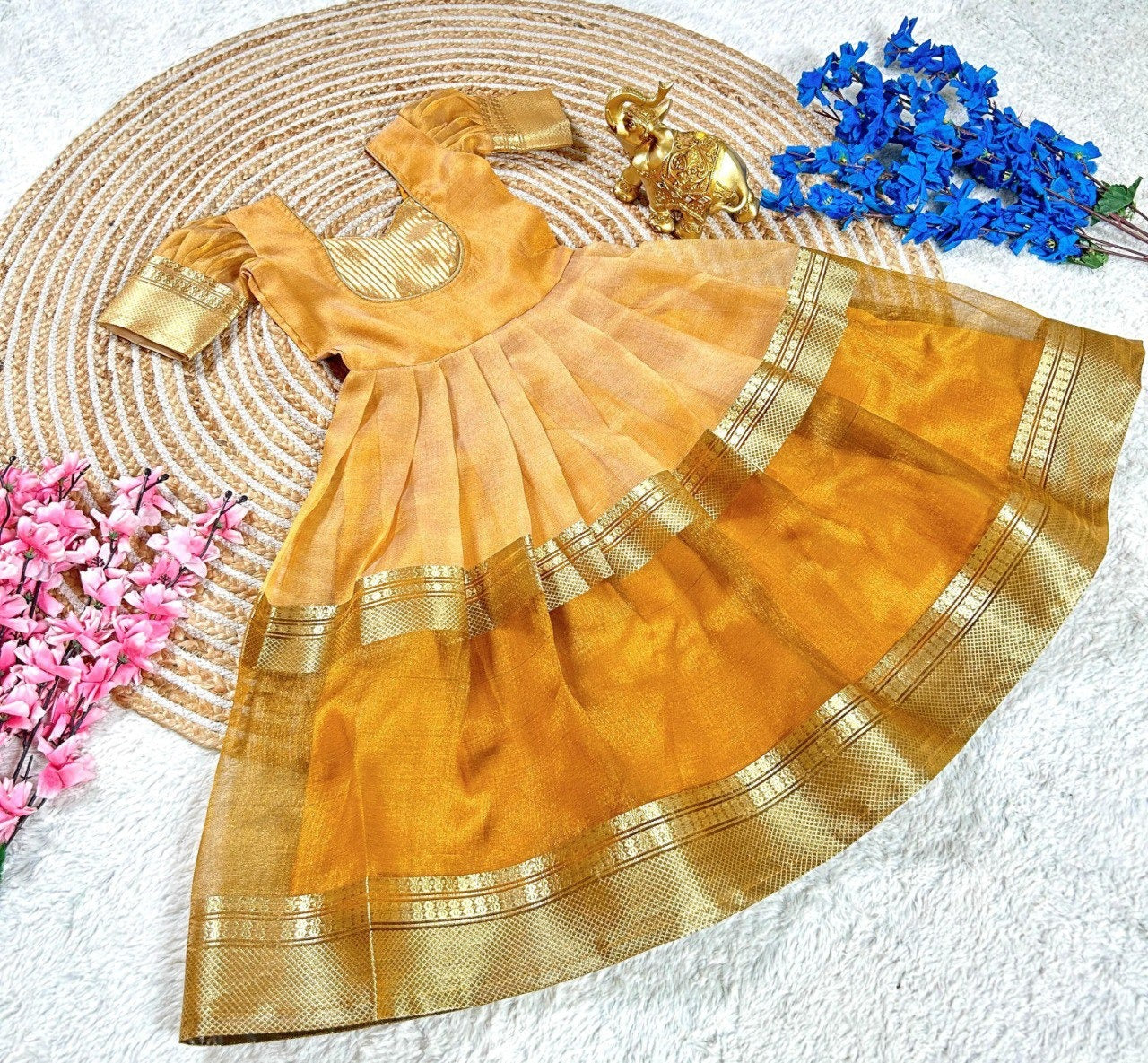 Yellow Pure Mysore Tissue Silk Kids Girl's Lehenga Choli