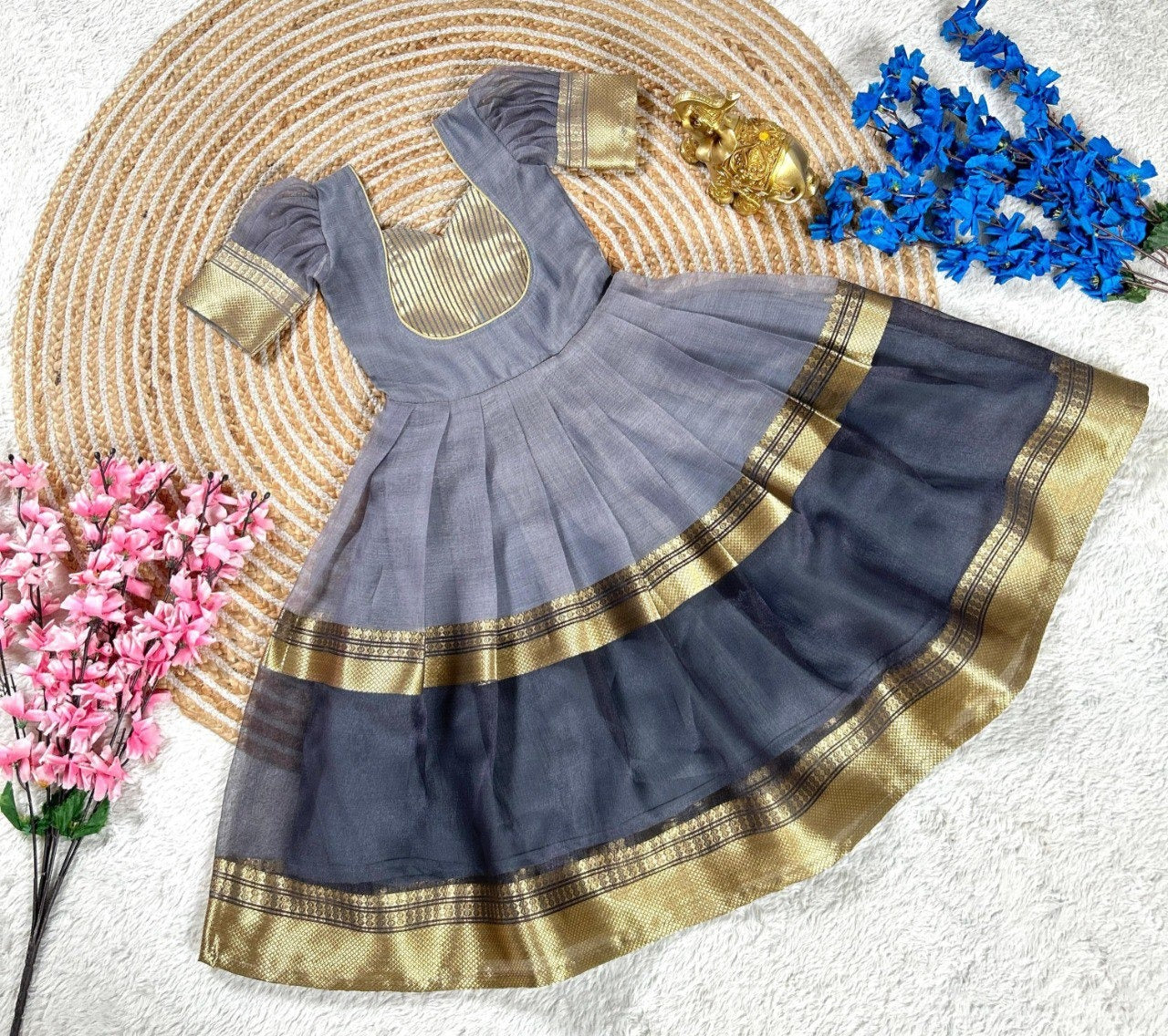 Grey Pure Mysore Tissue Silk Kids Girl's Lehenga Choli
