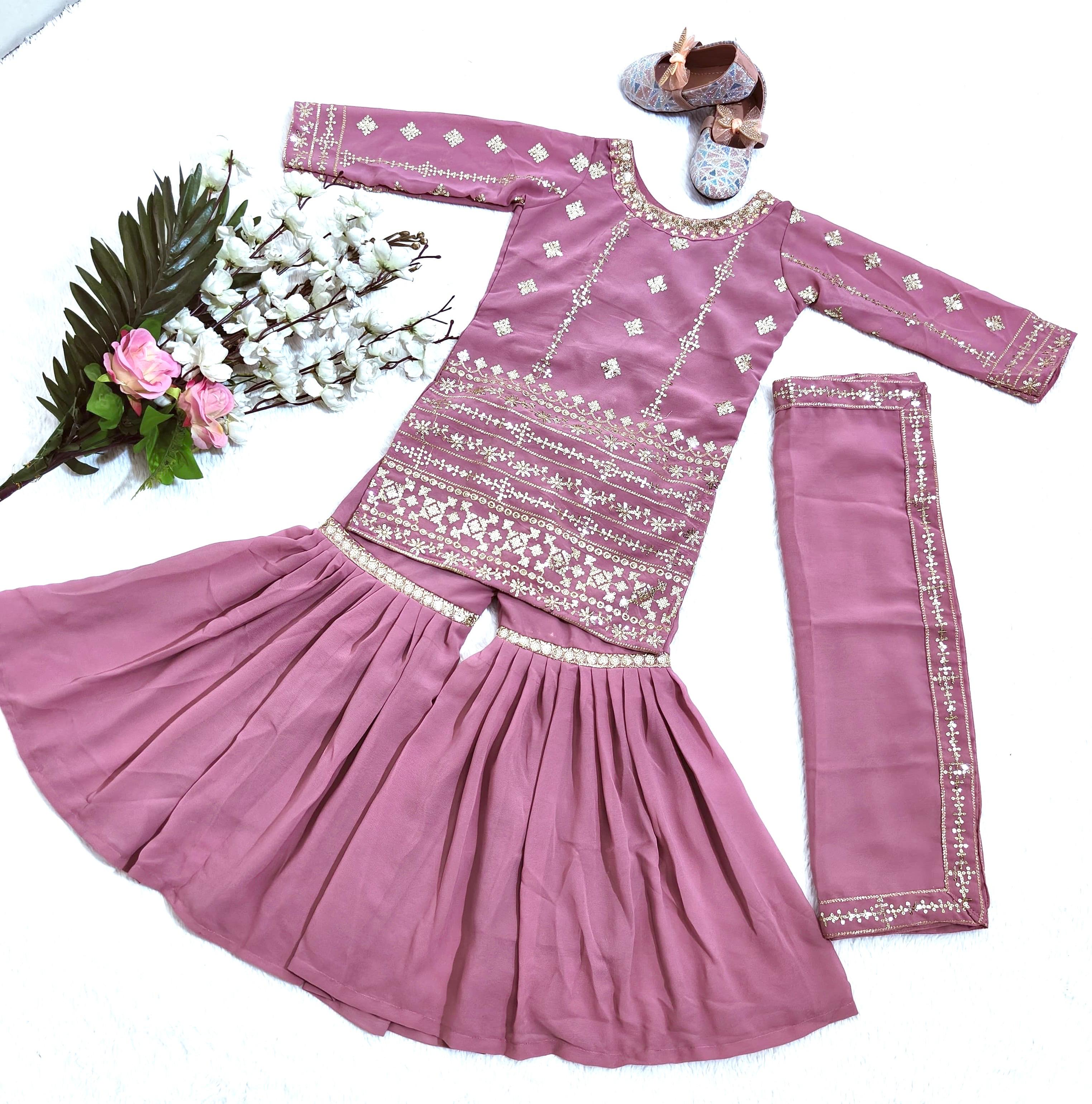 Baby Pink Pure Faux Georgette Kids Girl's Lehenga Choli