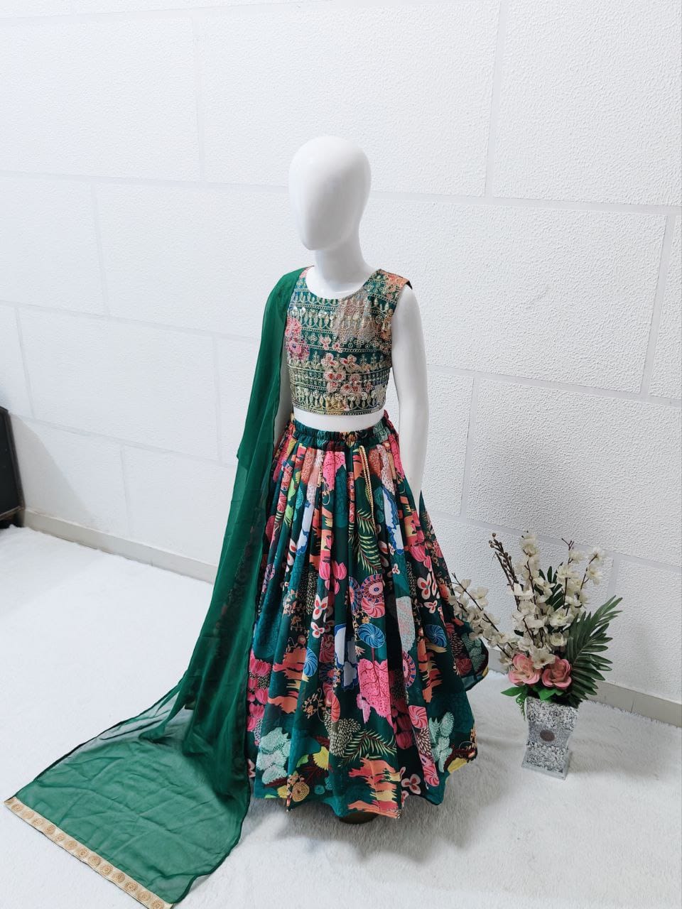 Green Pure Faux Georgette Kids Girl's Lehenga Choli