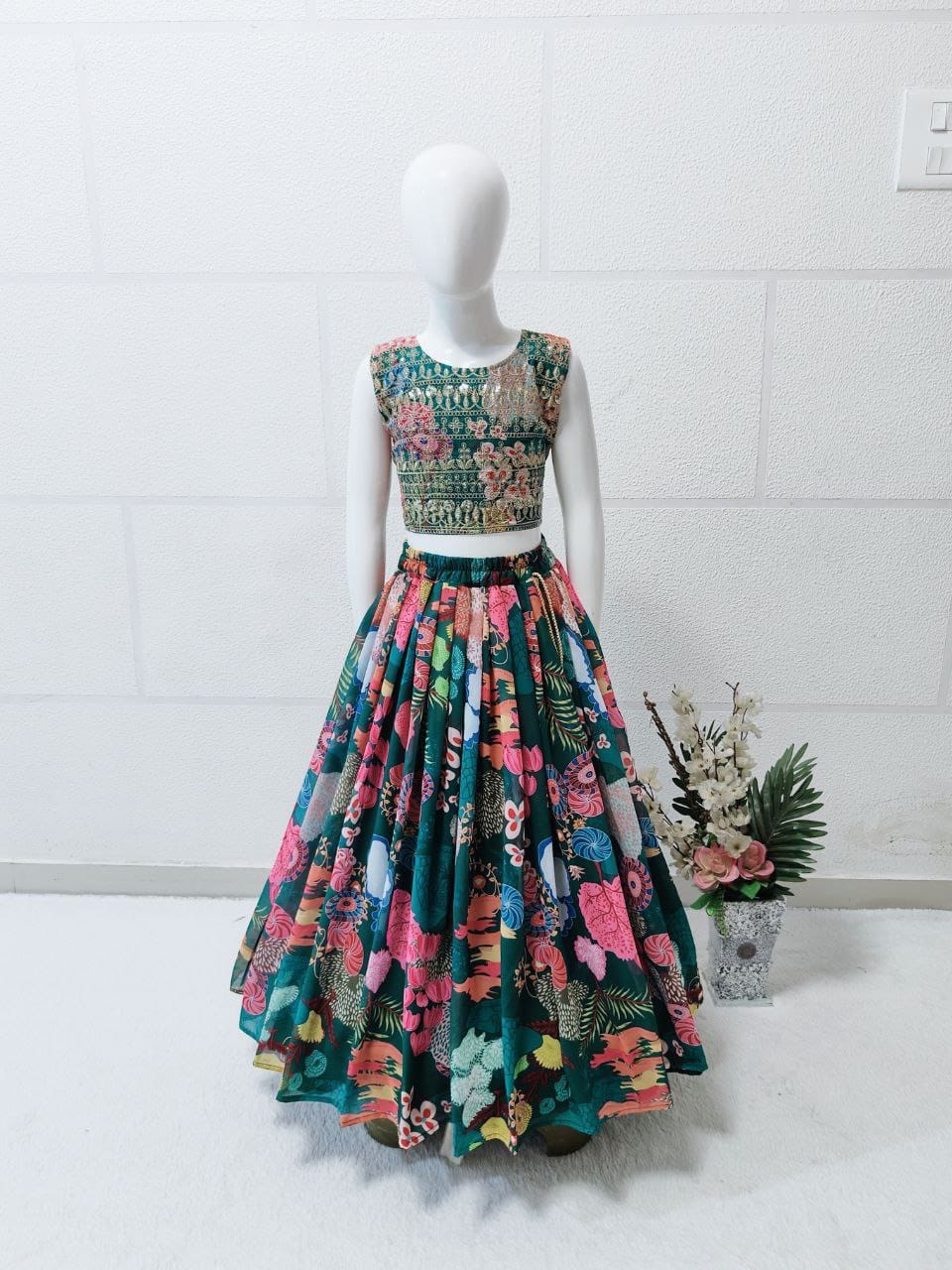 Green Pure Faux Georgette Kids Girl's Lehenga Choli