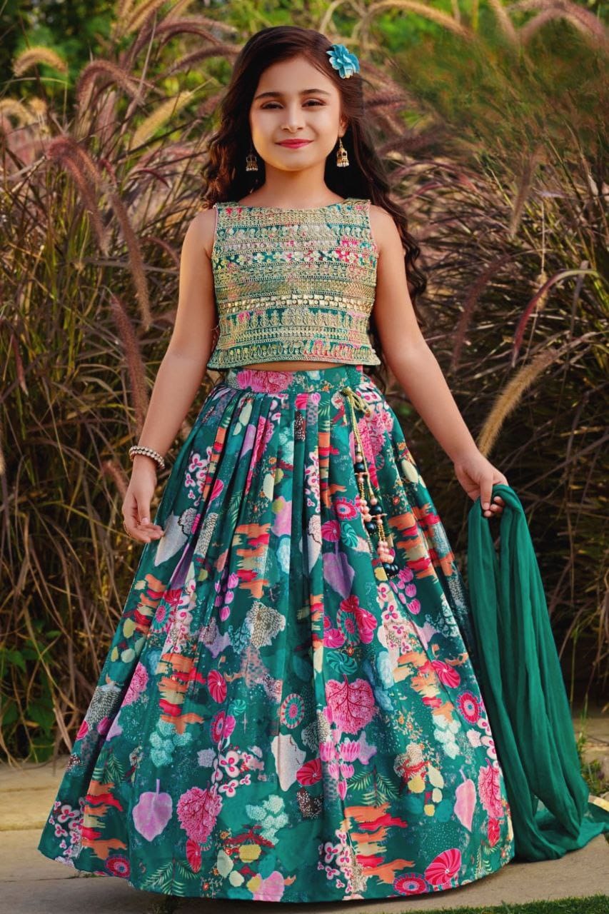 Green Pure Faux Georgette Kids Girl's Lehenga Choli