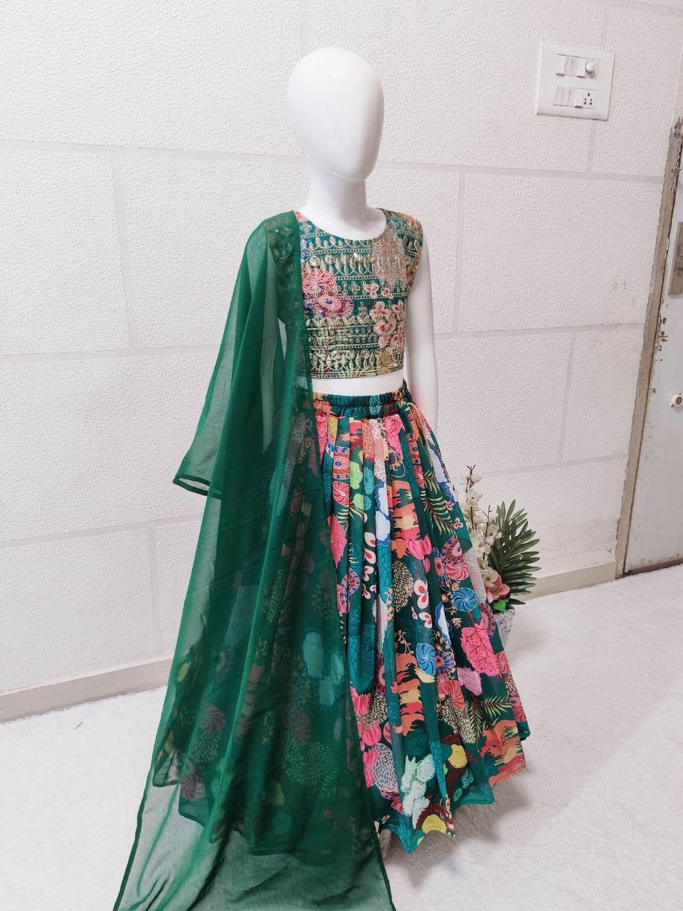 Green Pure Faux Georgette Kids Girl's Lehenga Choli