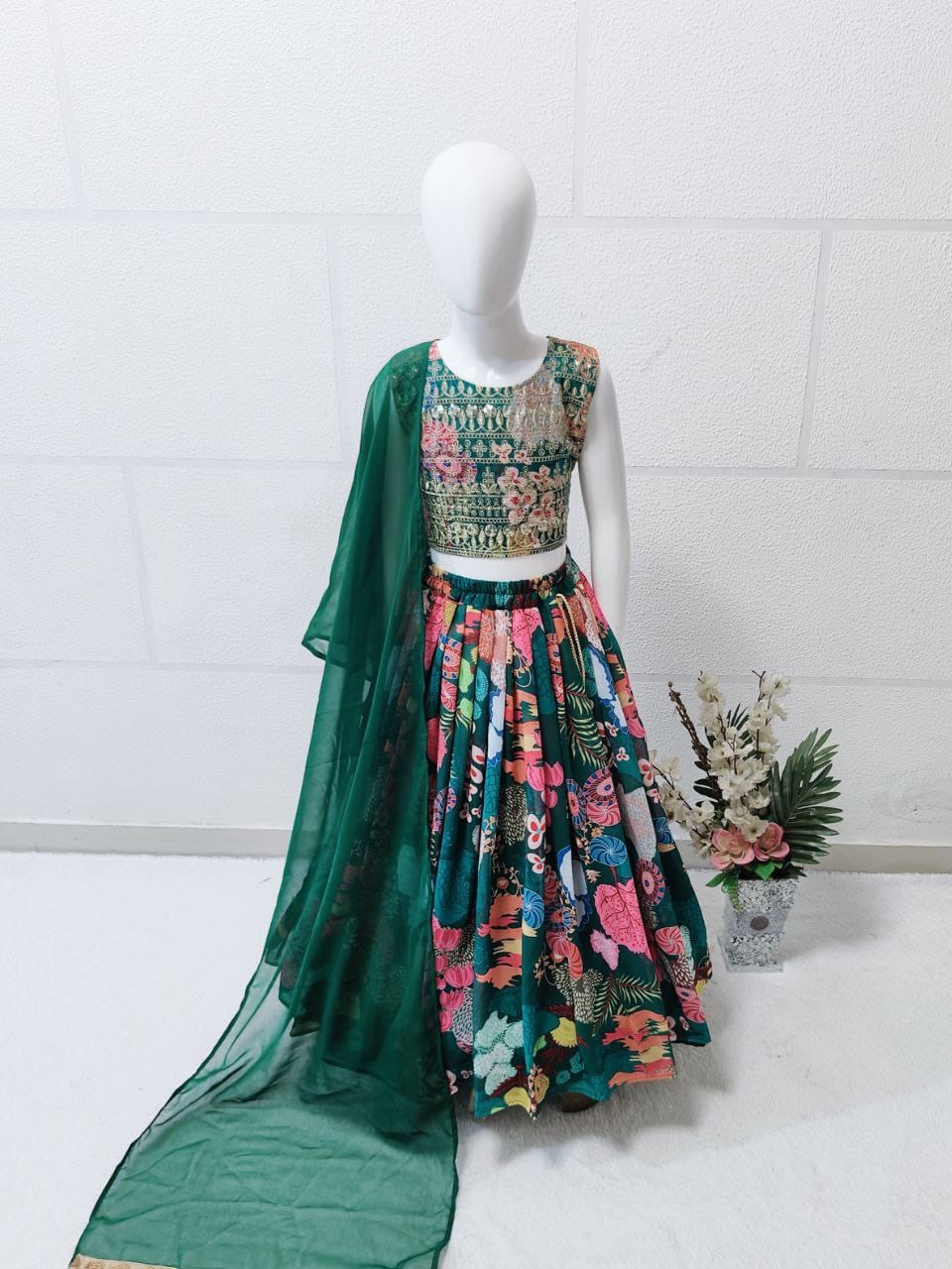 Green Pure Faux Georgette Kids Girl's Lehenga Choli