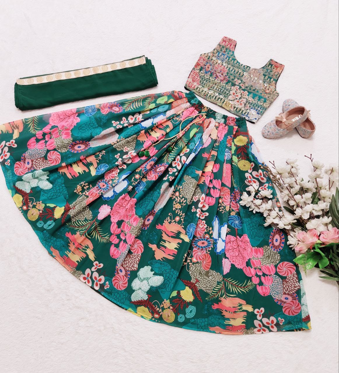 Green Pure Faux Georgette Kids Girl's Lehenga Choli