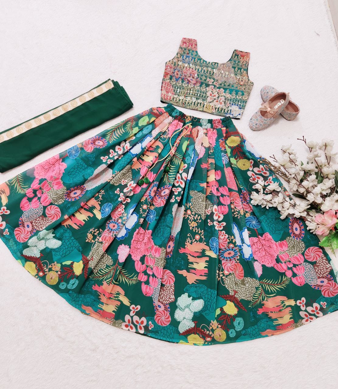 Green Pure Faux Georgette Kids Girl's Lehenga Choli