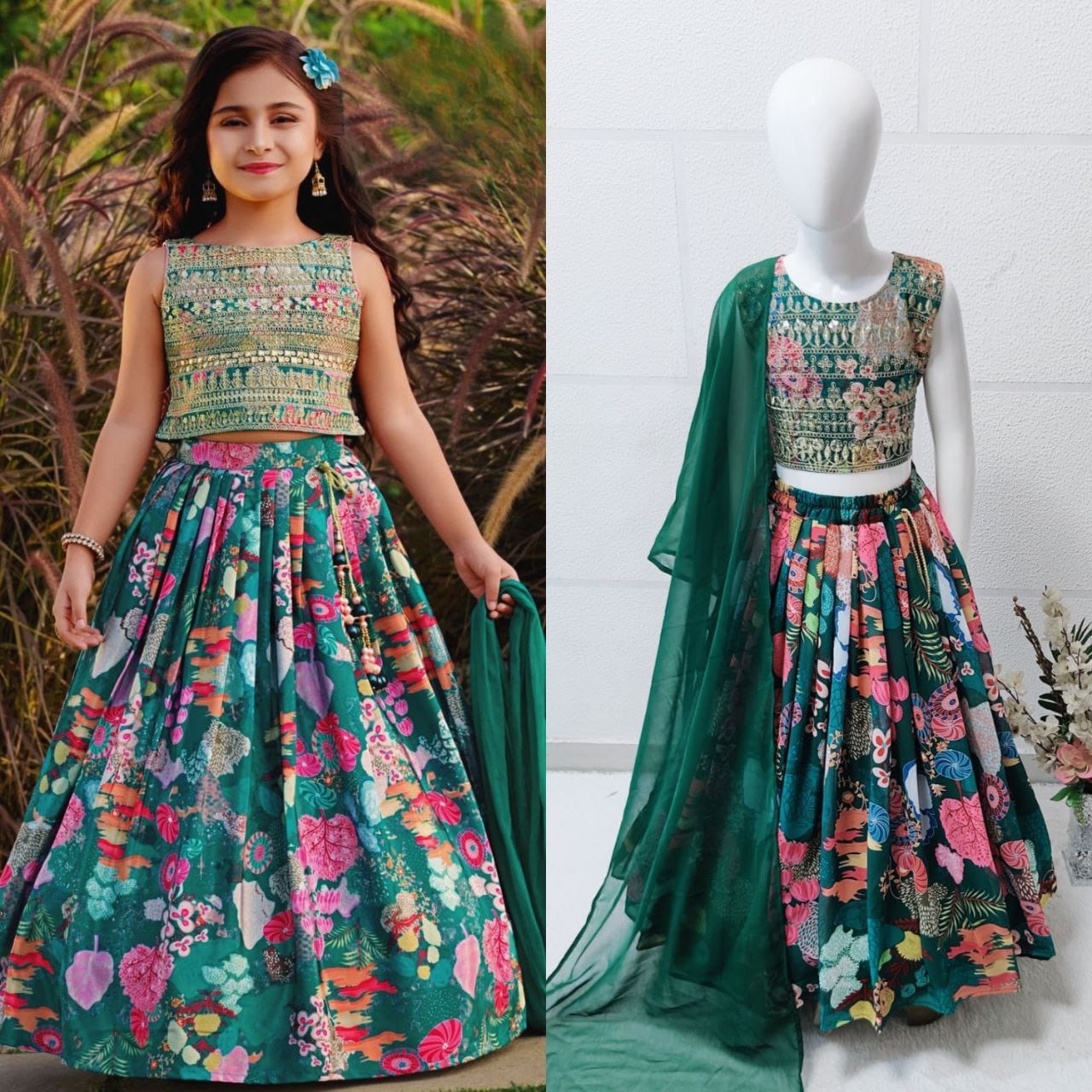 Green Pure Faux Georgette Kids Girl's Lehenga Choli