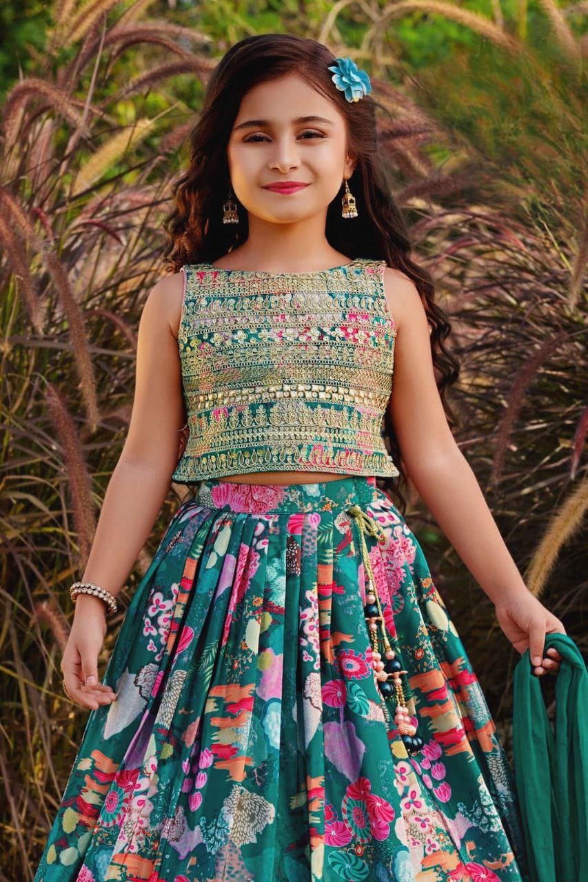 Green Pure Faux Georgette Kids Girl's Lehenga Choli