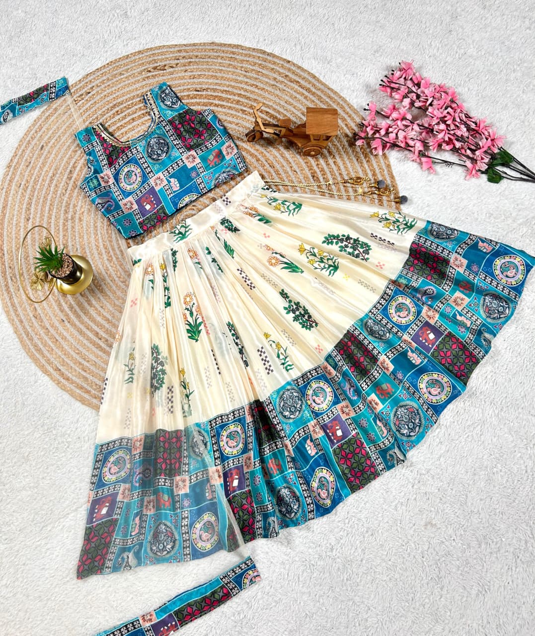 Cream Pure Faux Georgette Kids Girl's Lehenga Choli